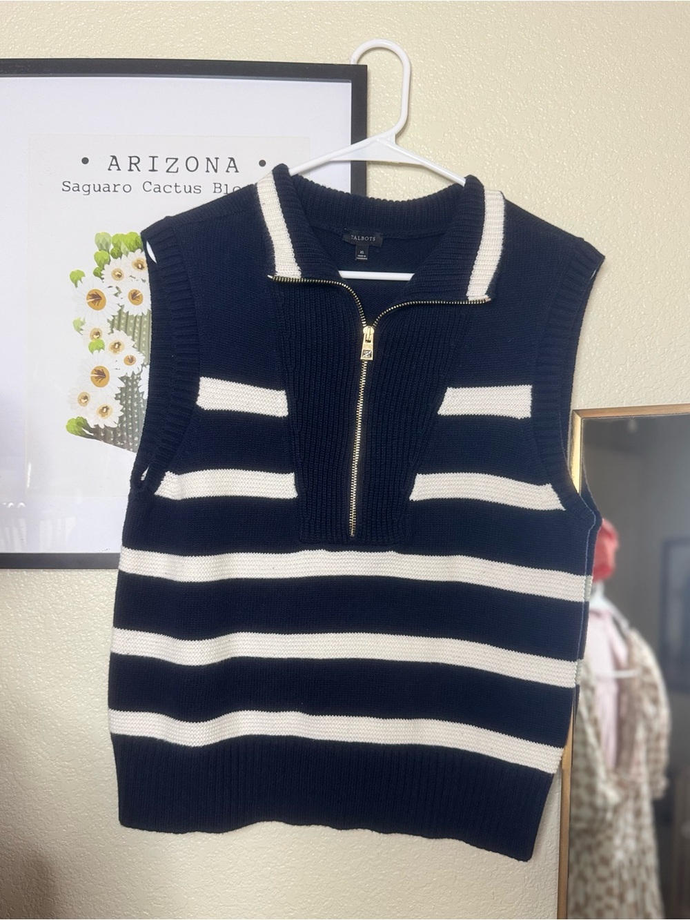 Talbots Navy & White Striped Zip-Front Sweater Vest